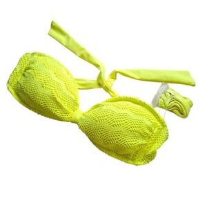 Arizona Jean Co Bikini Top Juniors Large Neon Yellow Bandeau Halter Crochet Rave